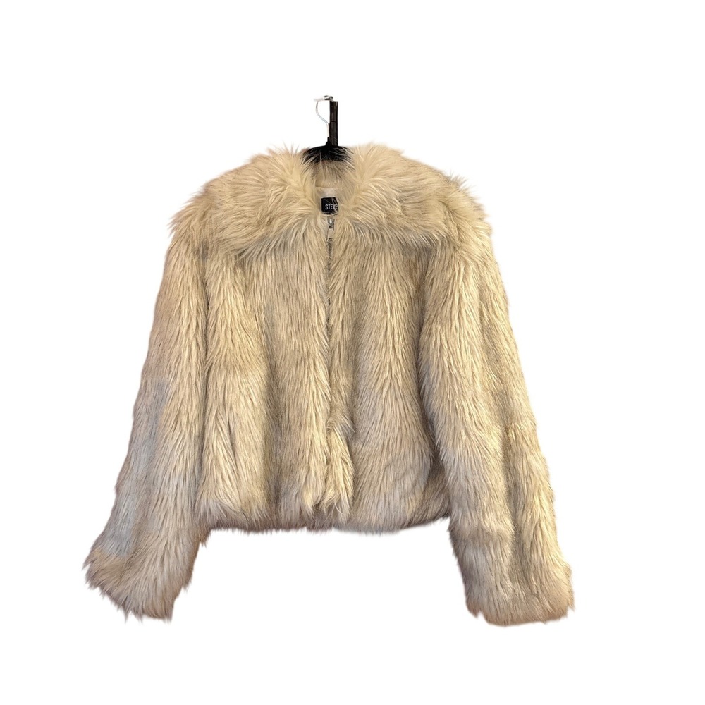 Steve Madden Faux Fur Jacket Women Cream Shaggy Glam Cropped Zip SIZE S